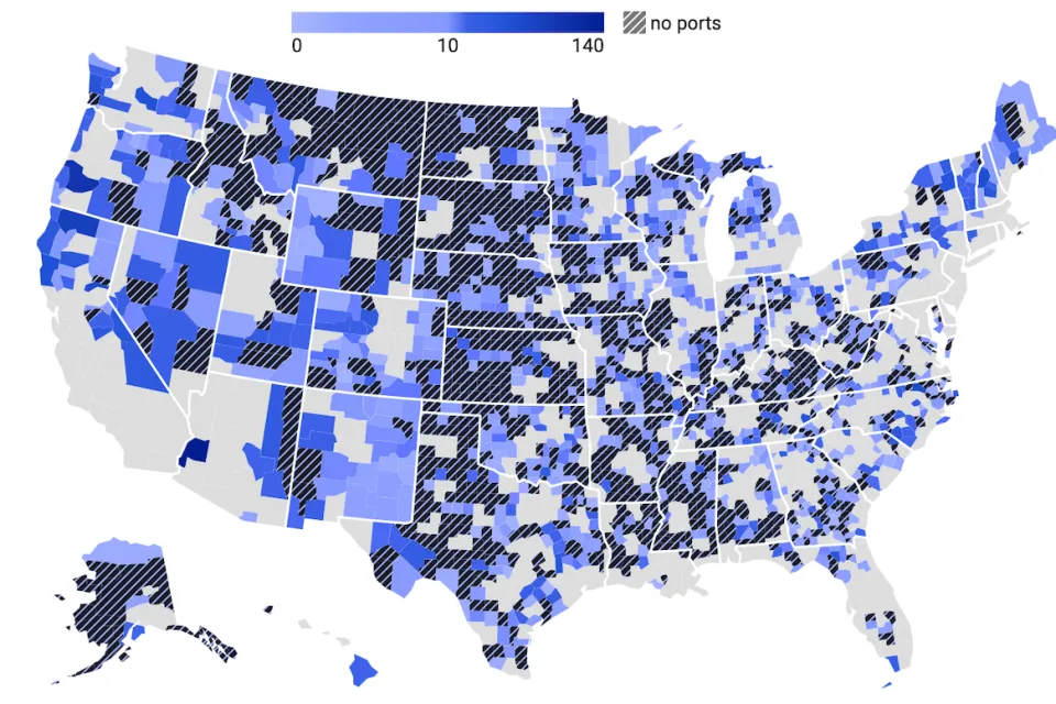 Map of EV charging ports in rural U.S. communities.